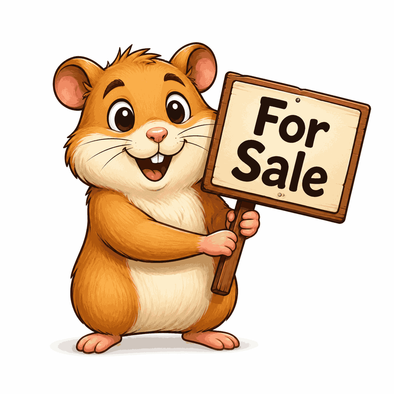 Preishamster-Maskottchen: ein Hamster mit einem Verkaufsschild